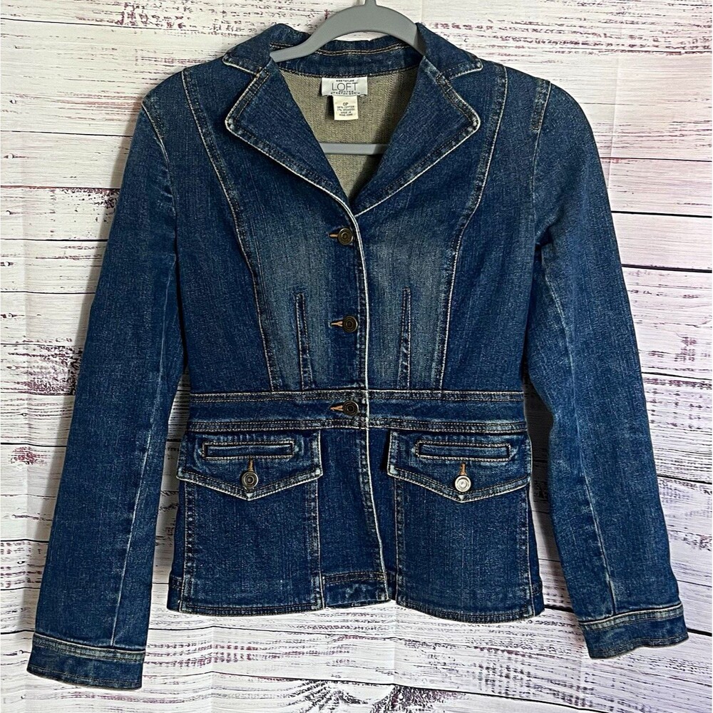 Ann Taylor LOFT Petites Stretch Denim Jacket Blue Button Front Pockets 0P